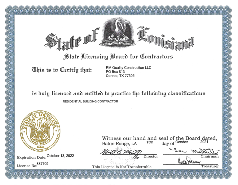 Certificates and License – RM Quality Construction